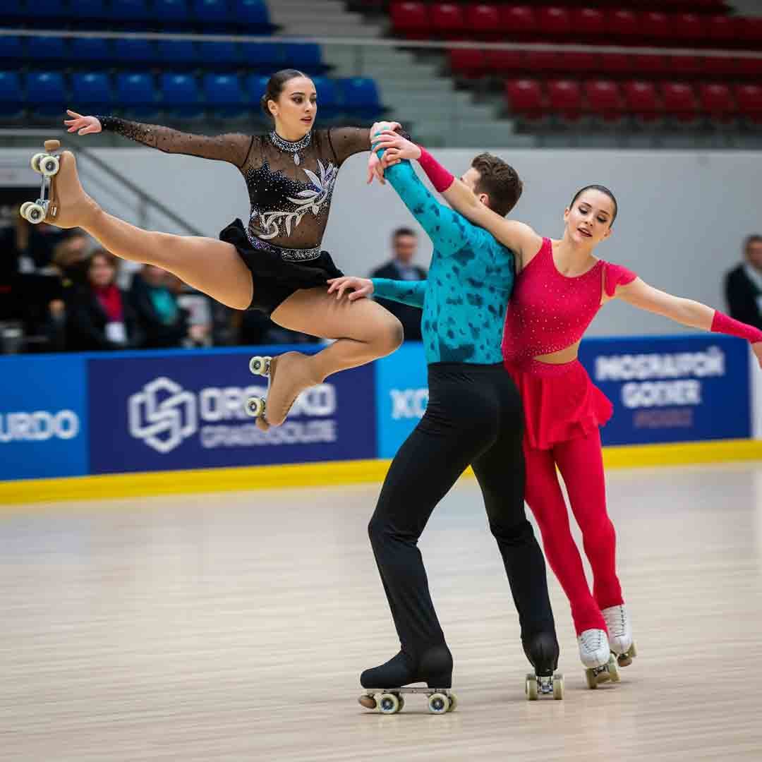 Patinadoras en una competición con salto y elevación
